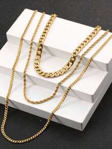 3件套时尚简约男士不锈钢个性化项链 - 金黃色 - 查看 2