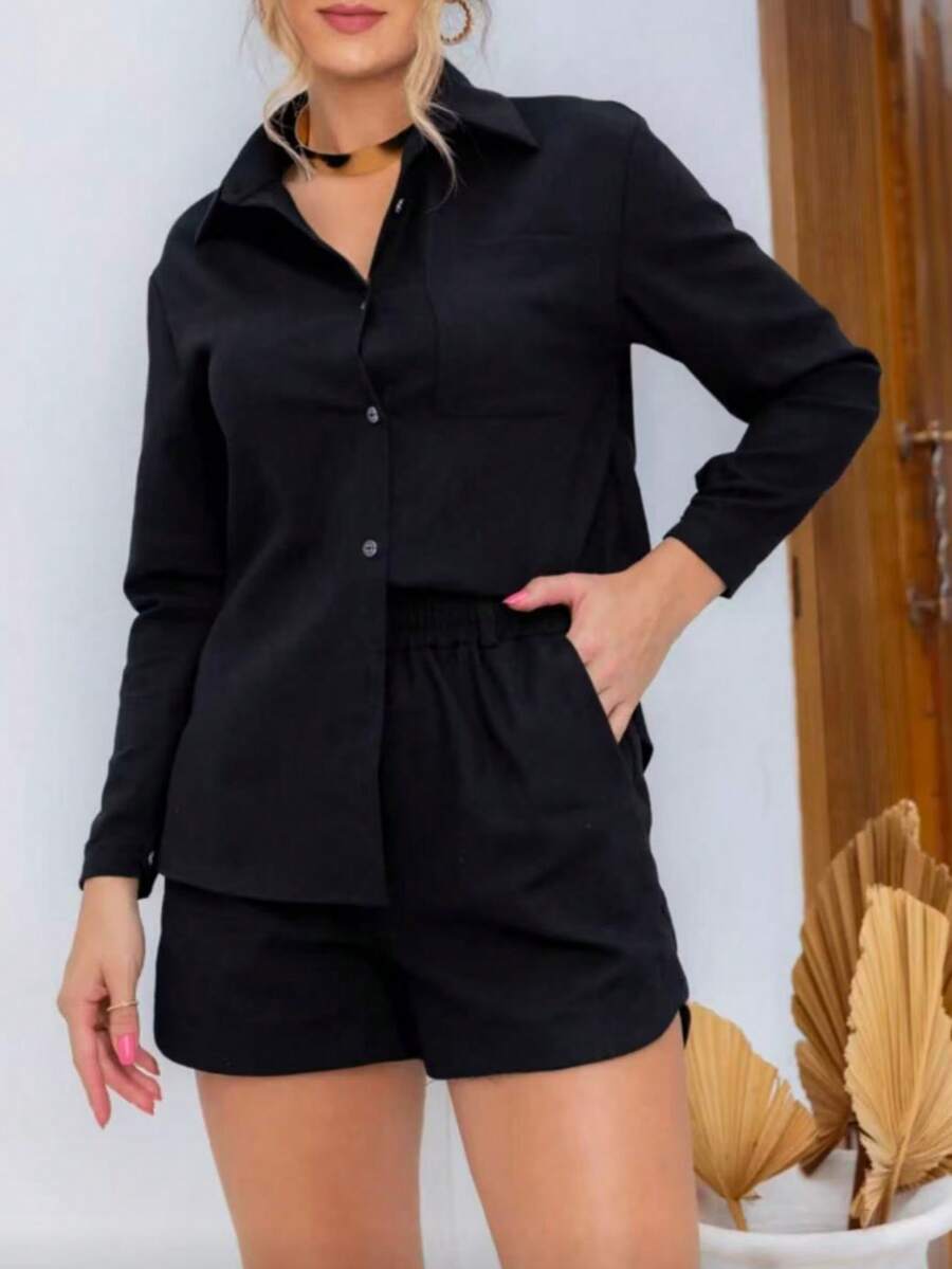 Spring And Summer - Shirt Set - Shirt + Bottoms - Linen Fabric - Black - View 1