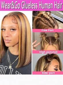 Highlight 100% Human Hair Bob Wigs 5x5 Glueless Lace Wig Human Hair HD Lace Frontal Short Straight Lace Front Wigs For Women Pre Plucked Glueless Free Part 180% Density Honey Blonde With Brown Wig For Party, Cosplay, Daily Use - P4/27--Glueless Lace - 查看 4