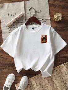 复古卡通猫吃面条印花T恤，面料柔软舒适，适合男孩户外运动、日常穿着、街头风、校园风，春夏时尚休闲上衣。 - 白色 - 查看 3