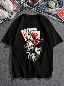 AnChiStreetwear - 大码男士时尚扑克骰子“最强牌面”印花休闲短袖T恤，适合日常穿着和聚会 - 黑色 - 查看 2