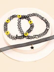 3件套女士手工编织鱼线雏菊、水钻、蕾丝镂空星星吊坠项链颈链叠戴首饰套装 - 彩色 - 查看 2