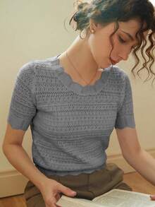 Knit Mix Áo sơ mi nữ thanh lịch, áo thun ngắn tay cổ tròn khoét lỗ, viền ren độc đáo, phù hợp với dáng người nhỏ nhắn, màu trơn, thích hợp mặc thường ngày/công sở, áo mùa xuân/hè, màu kem cổ điển tinh tế, trang phục đi học mùa xuân/hè, cũng thích hợp cho các ngày lễ như Giáng sinh, Lễ Tạ ơn và Năm mới. - Xám - Xem 4