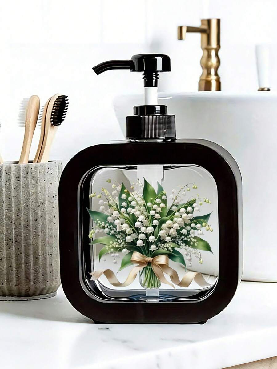 创意花卉设计可重复灌装按压瓶，适用于浴室，保湿洗手液分配器，浪漫花卉主题，浴室和厨房必备，百合花谷花束，优雅丝带，黑色背景 - 清新美丽的设计，适合水槽装饰，塑料材质，适用于洗手液、沐浴露、乳液等，创意乳液瓶，乳液分配器，分配器，浴室 - 彩色 - 查看 1