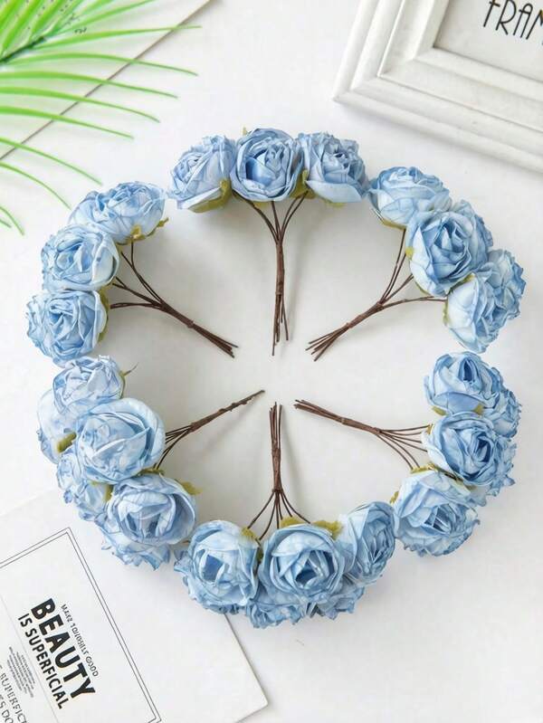 6支/束或18支/3束 人造迷你玫瑰花苞花束，DIY花环材料，婚礼装饰，胸花，头饰，新年，生日派对，蛋糕装饰