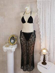 Bộ bikini gợi cảm kèm váy quấn, trang trí ngọc trai, kiểu dáng mới của khu nghỉ dưỡng Maple Leaf Beach Resort, thích hợp cho kỳ nghỉ. - màu đen - Xem 4