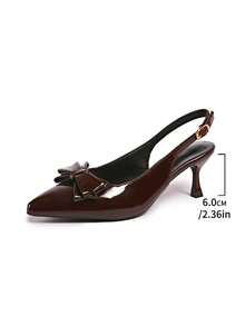 2026 Spring/Summer Gentle Lady-Like Brown Patent Leather Pointed Toe Bow Tie Ankle Strap 6cm Thin Heel Sandals, Versatile For Commute, Date, Party, Valentine's Day, Graduation, Suitable For All Occasions - Brown - View 7