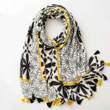 1条简约棉麻印花围巾，新款女士丝巾，春夏防晒沙滩披肩，时尚头巾，女士长款围巾披肩 - 彩色 - 查看 2