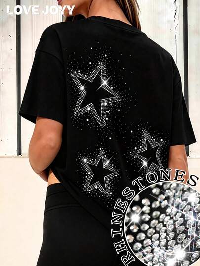 Camiseta Feminina LOVE JOYY com Estrela Brilhante de Strass, Gola Redonda, Manga Curta, Solta, Casual, de Verão, para Férias, Uso Diário, Estilo de Rua, Cor Preta