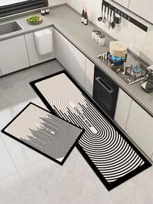 1 件硅胶厨房地垫，黑白渐变同心椭圆线图案，“COOKING NOW”字样印花，现代简约风格，适用于厨房、浴室、玄关、洗衣房、卧室、客厅装饰 - 彩色 - 查看 2