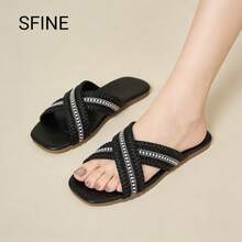 1 đôi dép lê đính hạt kiểu đan chéo mới, thích hợp cho mùa xuân/hè, dép đế bằng độc đáo, dép quai đôi, dép hở mũi, dép nhẹ, chống trượt, bền chắc, dép thời trang tối giản mới, thích hợp đi biển, đi nghỉ mát, dép đi trong nhà thông thường. - màu đen - Xem 2