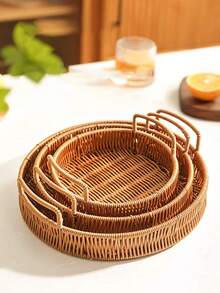 1 pieza Bandeja ovalada tejida a mano de ratán, plato portátil de estilo japonés para postres y frutas, cesta de almacenamiento, adecuada para almacenamiento, decoración, decoración rústica del hogar, maceta, portavelas, accesorios navideños, suministros para fiestas de cumpleaños, regalo de cumpleaños - Marrón moca-con asa - Ver 4
