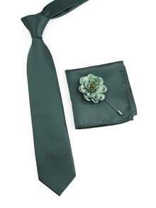 ZONFAZ 男士简约百搭三件套：灰粉色领带、格纹口袋巾、花卉胸针。柔软轻盈，适合婚礼、庆典、派对等场合。男士领带搭配的理想之选。 - 墨綠色 - 查看 4