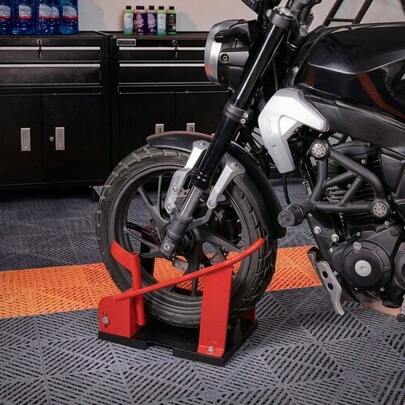 Heavy-Duty Steel Construction For Maximum Durability. Universal Adjustable Design Fits Most Motorcycle Tires. Secure Wheel Lock To Prevent Tipping And Movement. Ideal For Indoor Storage, Maintenance, Transport And Display. Reliable Non-Slip Motorcycle Stand For  Parking.