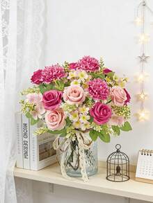 1pc 11.81inch Artificial Rose, Chrysanthemum & Carnation Mixed Flower Bouquet, Bridal Bouquet, Wedding Decor, DIY Wreath Material, Birthday Party & Home Decor, Vase Filler, Outdoor Garden, Spring Decoration, New Year Gift - Rose - View 2