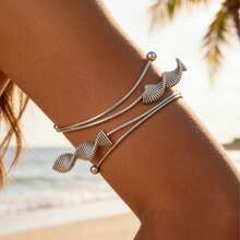 1pc Silver Wavy Shell Armband, Bohemian Gold Summer Beach Style Adjustable Stainless Steel Arm Cuff For Women - Silver - View 6