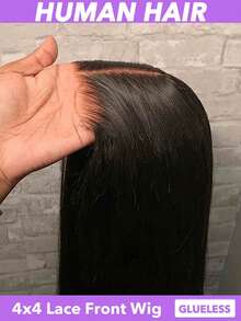 26英寸直发真人发无胶假发，4x4蕾丝，即戴即走，无需胶水，真人发，预先拔毛，预先剪裁，升级版蕾丝前假发，直发4x4无胶蕾丝闭合假发，女士款，150%密度，隐形贴合肌肤，无需胶水，蕾丝前闭合假发，自然黑（8-30英寸） - Natural Black - 查看 5