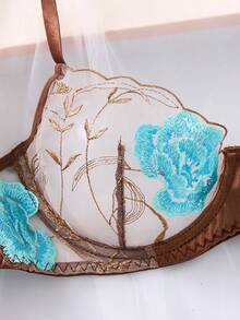 女士两件套蓝色花卉刺绣薄纱网眼钢圈文胸和丁字裤内衣套装 - 咖啡棕 - 查看 3