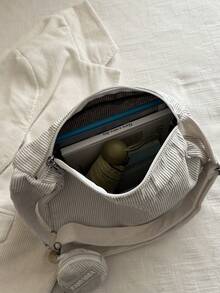 1件白色灯芯绒面料顺滑拉链字母装饰时尚休闲纯色简约春季新款独特斜肩女士手提包，适合女性日常使用 - 白色 - 查看 7