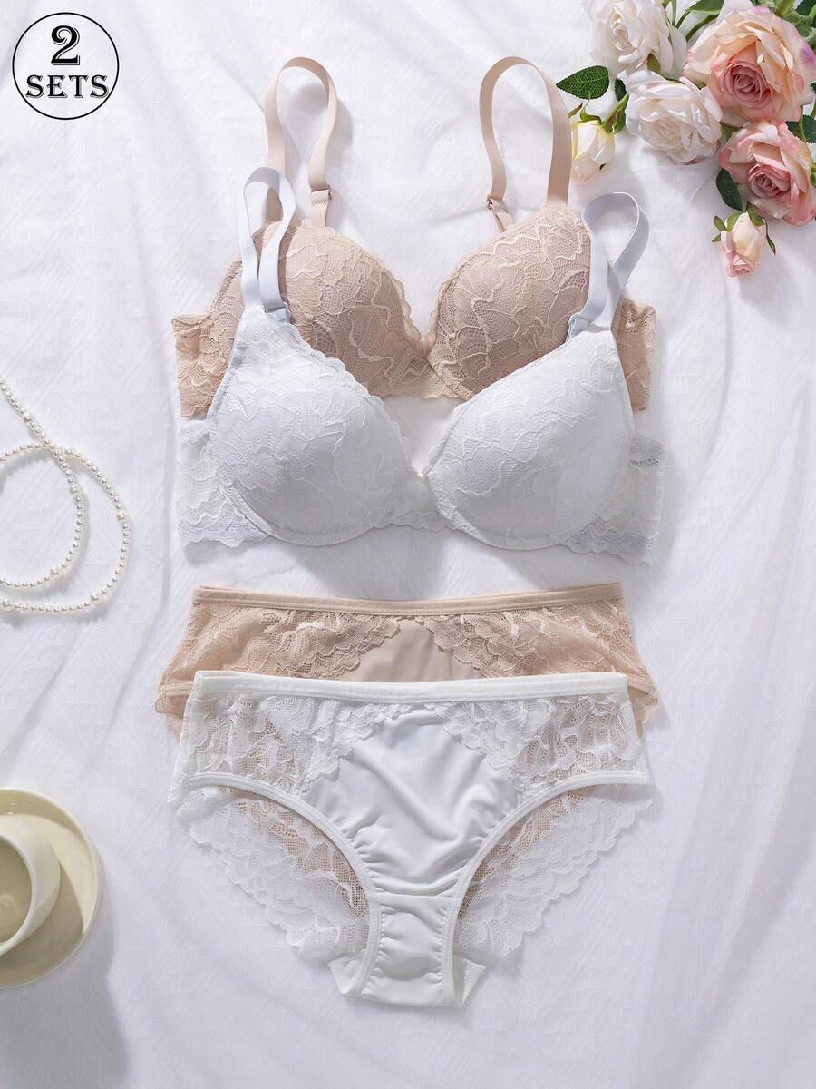 Bộ 2 áo ngực và quần lót ren trắng & nude dành cho nữ, áo ngực nâng ngực có gọng cỡ 3/4, nội y gợi cảm, thoáng khí, mềm mại, co giãn, phù hợp cho mặc hàng ngày, đồ ngủ và các dịp thường ngày. - Nhiều màu - Xem 1