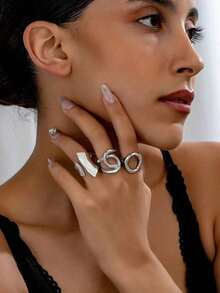 (3pcs/Set) Punk Style Exaggerated Glossy Round Opening Ring, Geometric Curved Surface Ring, And Geometric Glossy Cross Ring.European And American INS Niche Design Geometric Ring Set (3 Rings).Color-Preserving And Thick Rings Jewelry, Suitable For Women's Daily Wear, Various Holiday Gifts, Graduation Season, Student Gifts, Back-To-School Gifts, Gifts For Teachers. - 銀色 - 查看 10