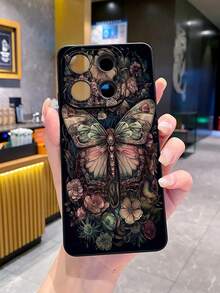 1个深色花卉蝴蝶图案防震手机壳，UV印刷，适用于三星/Galaxy/安卓机型 - 黑色 - 查看 3