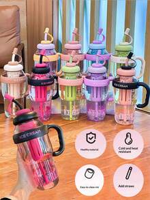 1 pieza Vaso de paja grande de moda, vaso de barriga grande de plástico, vaso con asa de gran capacidad, botella de agua grande - Multicolor - Ver 2