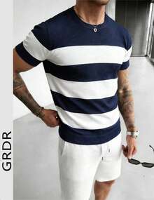 GRDR 男士圆领撞色休闲针织短袖上衣 - 美式极简主义 T 恤 - 藏蓝色 - 查看 1