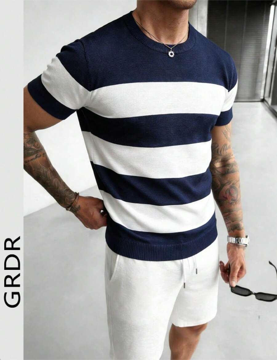 GRDR 男士圆领撞色休闲针织短袖上衣 - 美式极简主义 T 恤 - 藏蓝色 - 查看 1