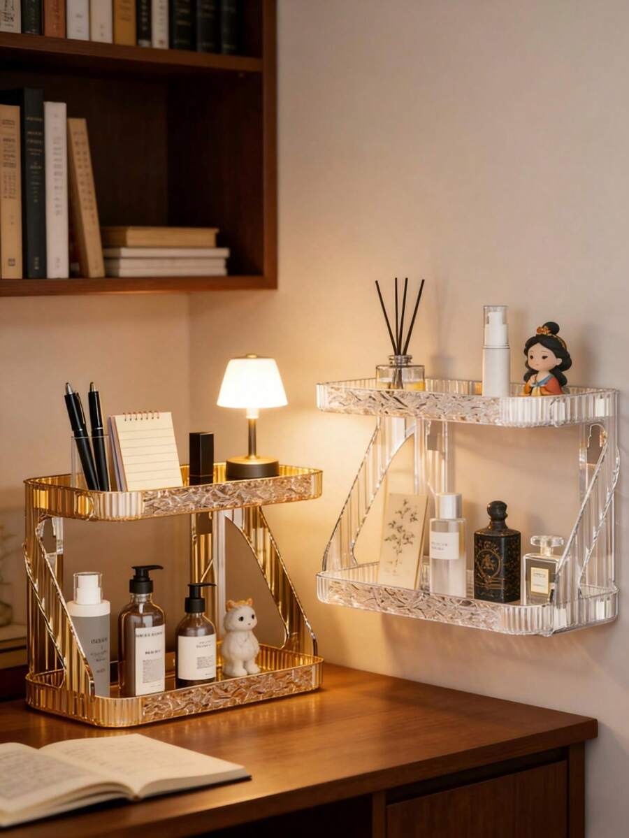 Giá đựng đồ treo tường hai lớp trong suốt, keo dán chắc chắn, dùng để đựng đồ dùng vệ sinh cá nhân trong phòng tắm/gia vị nhà bếp.