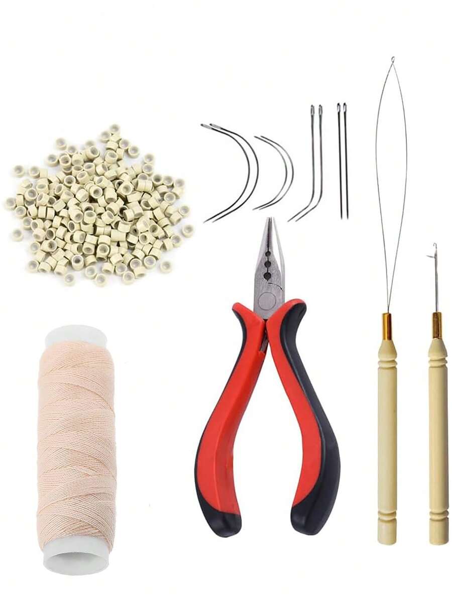 Hair Extension Tool Kit: 200pcs Silicone-Lined Micro Link Beads, 1pc 3-Hole Hair Clip, 1pc Sewing Thread, 1pc Threader, 1pc Pulling Hook, 8pcs Sewing Needles (Dark Brown/Black/Beige) Hair Extension Tools - Beige - View 1