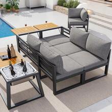 Modular Outdoor Sofa Set With Adjustable Backrest, Folding Armrests And Metal Ice Bucket, 10 Cm Thick Cushions For Terrace, Balcony, Poolside, Grey/Beige - 灰色 - 查看 4