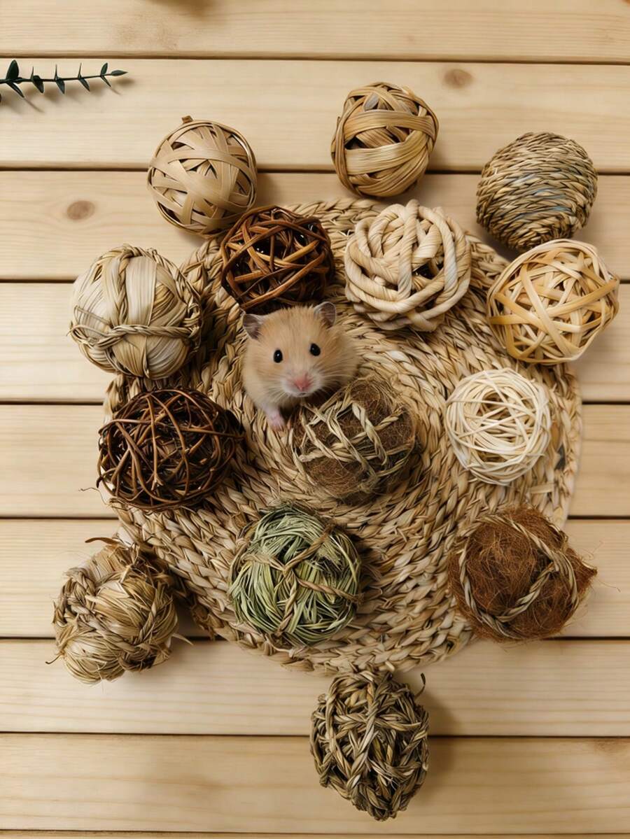Bộ sản phẩm gồm bóng gặm đan lát, đồ chơi gặm cho thỏ/chuột hamster/chuột lang, bóng cỏ ăn được cho thú cưng. - Xem 1