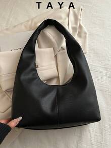 Túi xách hình trăng khuyết phong cách retro mới, có khóa kéo, thiết kế tối giản nhẹ nhàng, màu trơn, bề mặt mềm mại, dung tích lớn, thích hợp cho sinh hoạt hàng ngày, đi chơi, đi làm, du lịch và học tập của phụ nữ. - màu đen - Xem 2