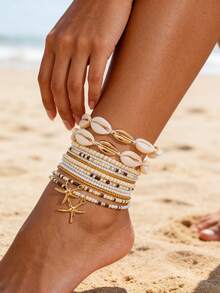 14 Pieces Elegant Simple Rice Bead Shell Starfish Ankle Chain, Women Spring And Summer Daily Beach Beach Vacation Dating Travel Jewelry - Beige - View 1
