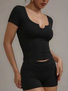 XLLAIS Summer Open Collar Short Sleeve Elastic Fitted Top Casual - Black - View 5