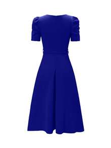 女士优雅V领荷叶边下摆纯色连衣裙，不对称/不规则中长连衣裙，适合优雅场合、婚礼、办公室、日常穿着，春夏皆宜 - 藍色 - 查看 5