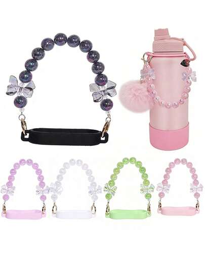 Decoración multicolor para botellas de agua, cordón para botellas de agua, accesorios para botellas de agua, soporte portátil con forma de lazo con cuentas de colores rosa, morado y blanco para pajitas, apto para tazas deportivas de 20-40 onzas, adecuado para fitness, campamento y actividades al aire libre