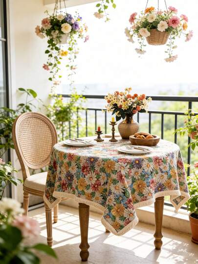 1件彩色雏菊提花桌布，农舍风格长方形桌布，带米色流苏装饰，可水洗，适用于厨房、餐厅、聚会、野餐、露营，四季皆宜，尤其适合春夏使用。
