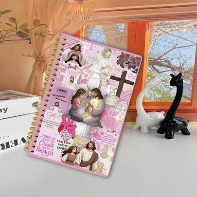 Pink Jesus Collage Faith Spiral Notebook - High-Quality Lined Pages, Energetic Inspirational Artistic Design With Elegant Religious Illustrations, Suitable For School, Office, Or As A Gift For Friends, Family, Teachers And Students, Artistic Notebook, Campus Stationery, Classic Perforated Pages, Durable Gold Spiral Binding