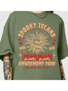 Spooky Island Amusement Park T-Shirt, Retro 2000s Halloween Movie Shirt, Disco Skull, Summer Spooky T-Shirt, 90s Nostalgia Halloween Tee For Halloween - 軍綠色 - 查看 1
