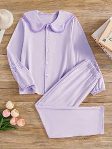 Bộ đồ ngủ 2 mảnh màu tím nhạt dễ thương, kiểu dáng thường ngày, gồm áo dài tay cổ nơ và quần, thích hợp cho bé gái mặc ở nhà, các dịp lễ, ngày Valentine, ngủ qua đêm và thư giãn. - Màu tím hoa cà - Xem 3