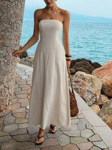 PoPoHouse Women's Elegant 100% Cotton Maxi Dress Sexy Backless Pocketed A-Line Waist Strapless Tube Flowy Dress For Daily Casual Summer Beach Vacation Party Going Out Outfit - Apricot - View 5