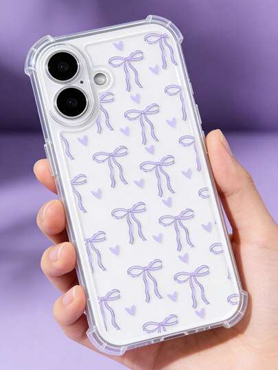 Single Pack - Transparent Cute Bowknot Heart Pattern Phone Case, Four-Corner Shockproof. Compatible With IPhone 17/17 Pro Max/16/15/14/13/12/11. Made Of Soft TPU Material For Enhanced Protection. Features A Very Girlish Purple Bowknot Design, Making It A Perfect Valentine's Day Gift.
