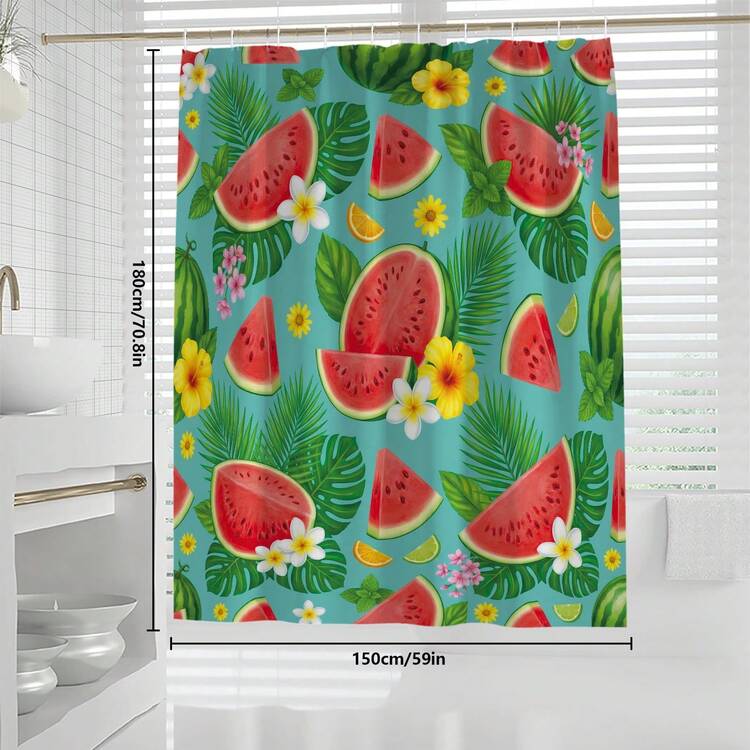 1件/4件套夏季西瓜图案浴室装饰浴帘套装，赠送12个挂钩，营造优雅假日氛围，包含浴室地垫、U型马桶垫和圆形马桶垫，适用于各种浴室场景。 - 西瓜 - 查看 12