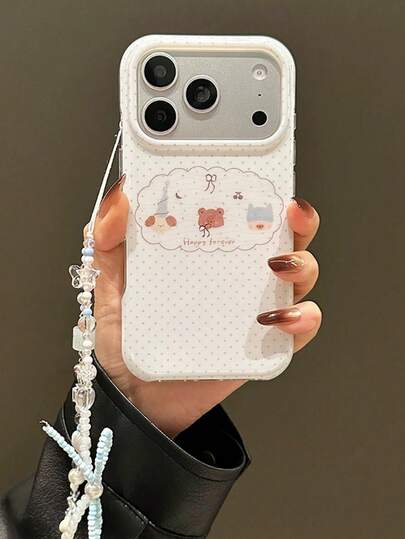 可爱简约波点动物图案手机壳，兼容 17 Pro Max、16 Pro、15、14，带链条，全方位保护