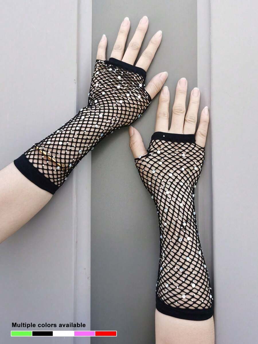 Găng tay lưới đính đá, găng tay lưới hở ngón dành cho nữ, phụ kiện tay lấp lánh phong cách tiệc tùng. - Lưới đánh cá đính đá - Xem 1