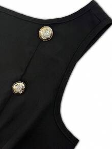 Latest Summer Sleeveless Black Casual Vacation & Commute Fashion Double-Breasted Button Decor Dress For Women, Elegant Business Style Date Dress - Black - View 10
