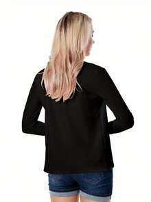 1pc Women's Solid Color Stand Collar Casual Cardigan Jacket, Suitable For Office, Spring And Autumn Black - Black - View 2