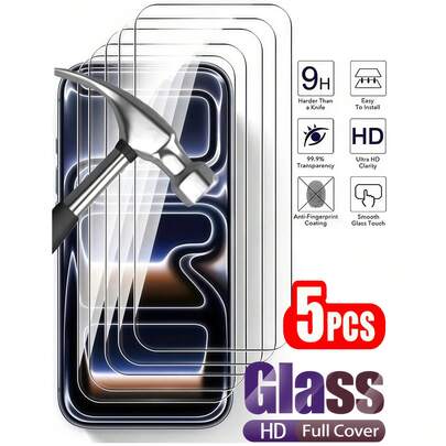 5片装超清钢化玻璃屏幕保护膜，9H防爆防刮，适用于 17 Pro Max/16/15/14 Plus/13/12/11系列，光滑防油涂层，无气泡，自动吸附，安装简便